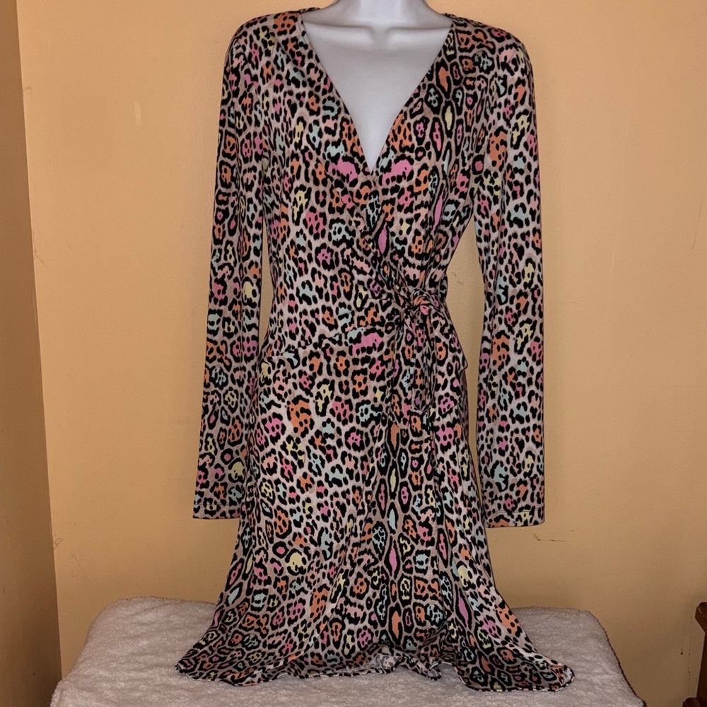 BCBGMaxAzria Adele Pink Orange Yellow Leopard-Print Long Sleeve Wrap Dress